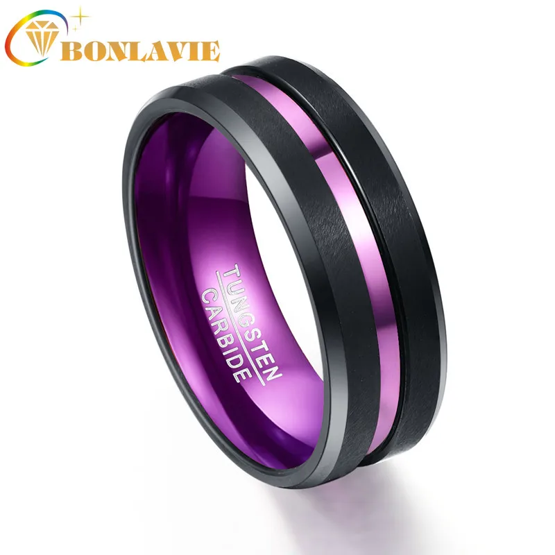 

8mm Width Purple Inner Ring Scrub Groove Men Rings Tungsten Carbide Anillos Para Hombres Male Fashion Jewelry Men's Ring