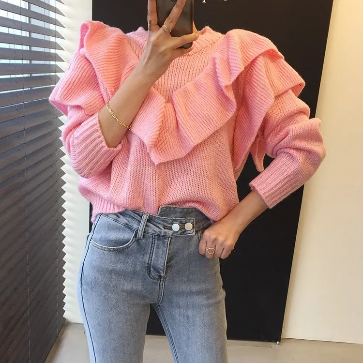 Women's Sweater for Winter Wear Loose Ruffles Knitwear Top Ladies Fashion Long-Sleeved Upper Garment Bottoming Shirt Sweater