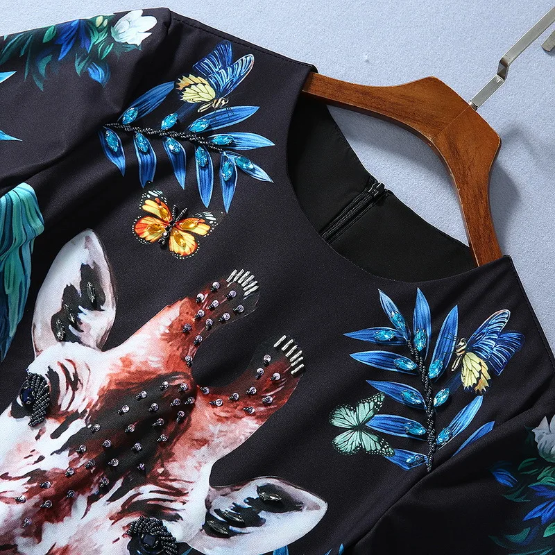 

European and American women's clothes spring 2020 new style 5 minutes of sleeve Nail bead giraffe Printing plant Fashion dress