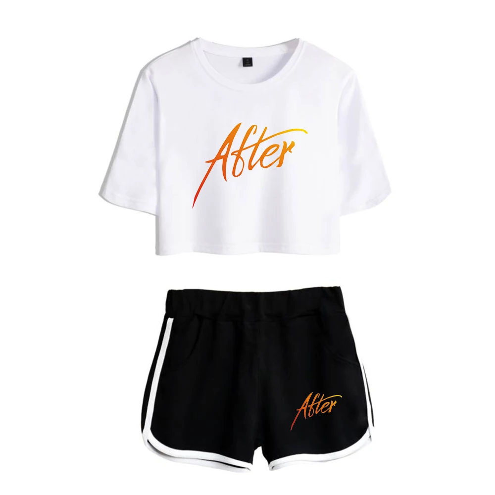 

Fashion Black White After We Collided Print Girl Dew navel Two Piece Set Sexy Short Sleeve Crop T-shirts+Shorts Pants Tracksuit