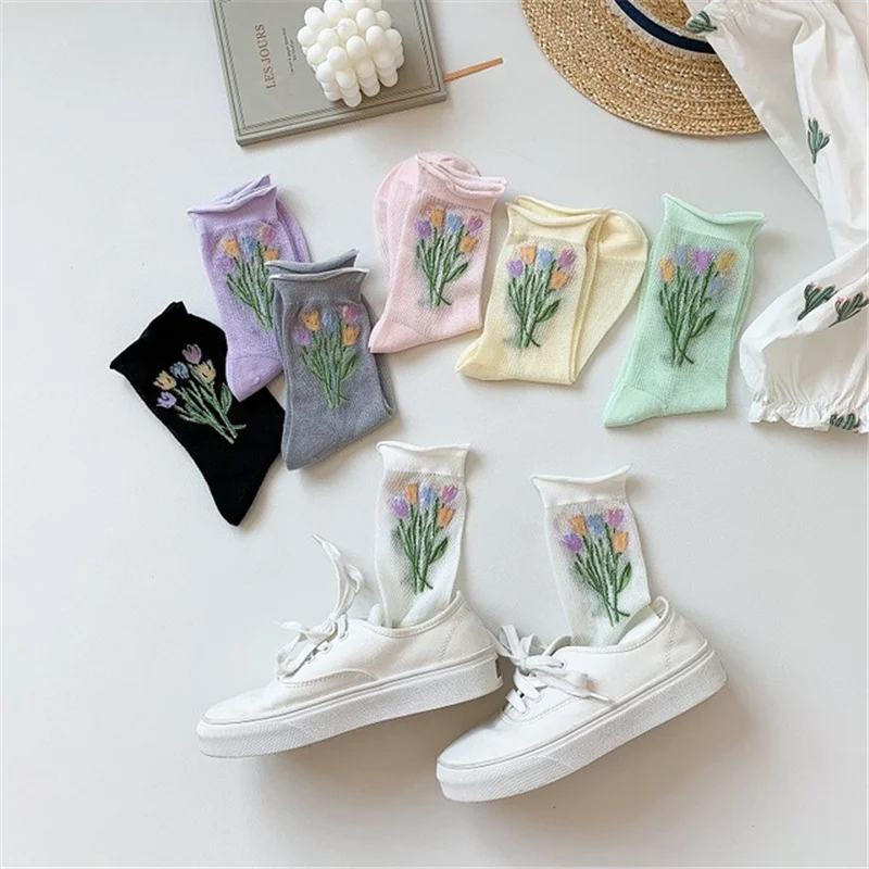 

Women Summer Fashion Mesh Hollowing Cute Long Ventilation Socks Ins Korean Style Harajuku Lovely Japanese Flower Cotton Socks