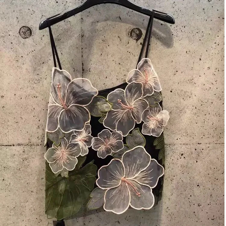 

Runway Fashion Tops Summer High Quality Luxury Wings Designer Camis Tanks Elegant Sexy Flower Mesh Seamless Crop Top Female