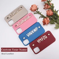 custom name real leather cowhide phone case for iphone 11 12 13 pro mini max x xr xs 7 8plus diamond metal letters cover coque