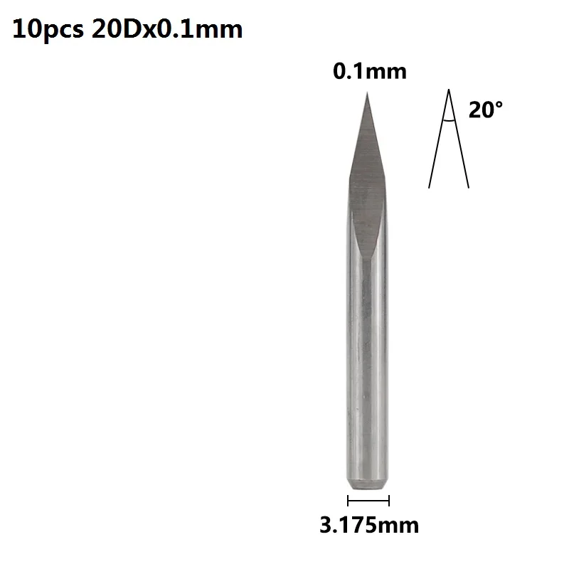 20Dx0.1mm 10 шт. 3,175 мм хвостовик 3 край гравирования печатных плат с алмазным напылением для 20 Вт, 30 Вт/40/45/60/90 градусов наконечник 0,1 0,2 0,3 мм пирамиды фрезерный станок с ЧПУ Бит 3D фрезерный станок - Длина режущей кромки: 20Dx0.1mm