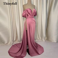 thinyfull dusty pink long evening dresses boho mermaid satin side slit off shoulder formal night party dress gowns dress vestido