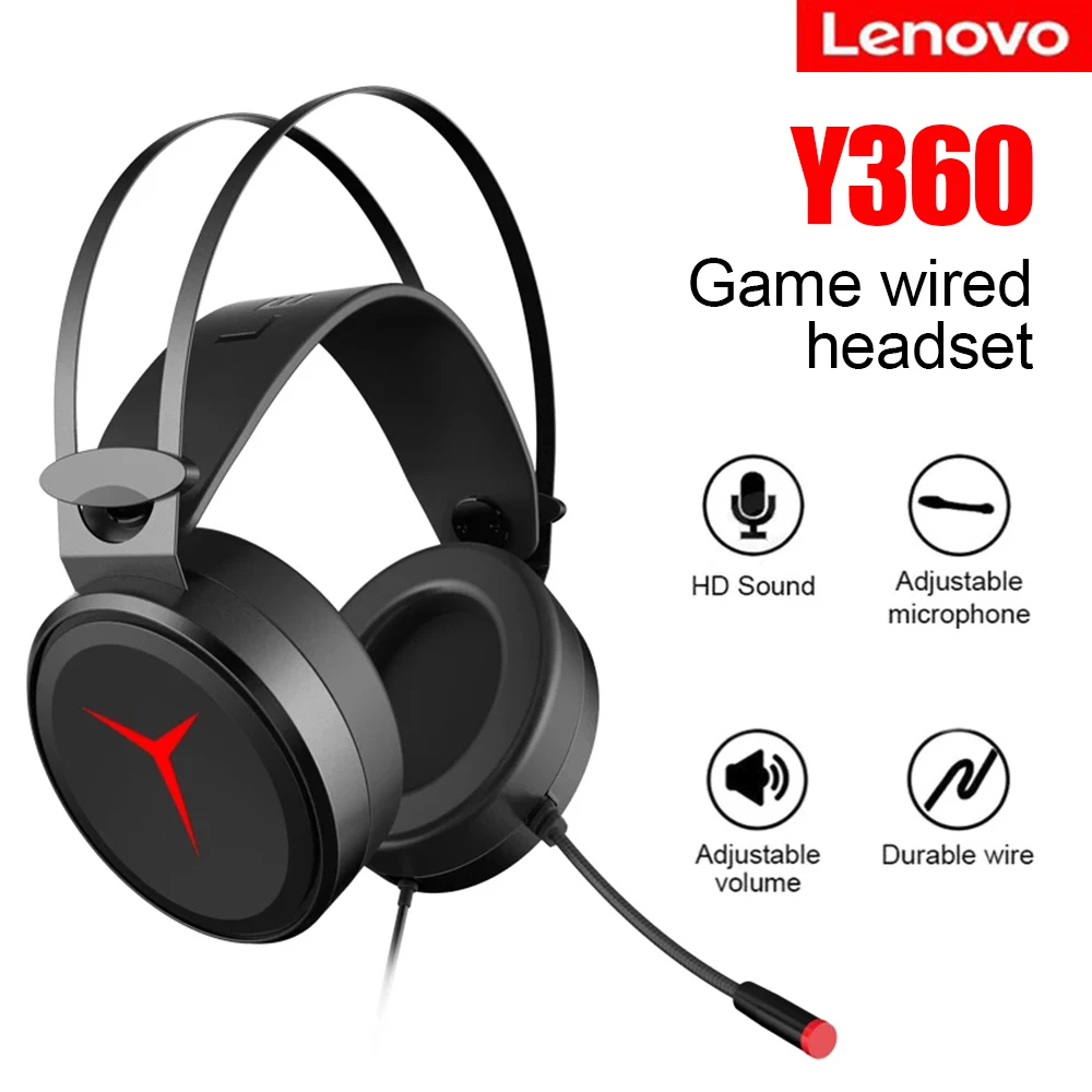 

Проводная игровая гарнитура Lenovo с объемным звуком, Профессиональные Накладные Игровые наушники с регулируемым микрофоном