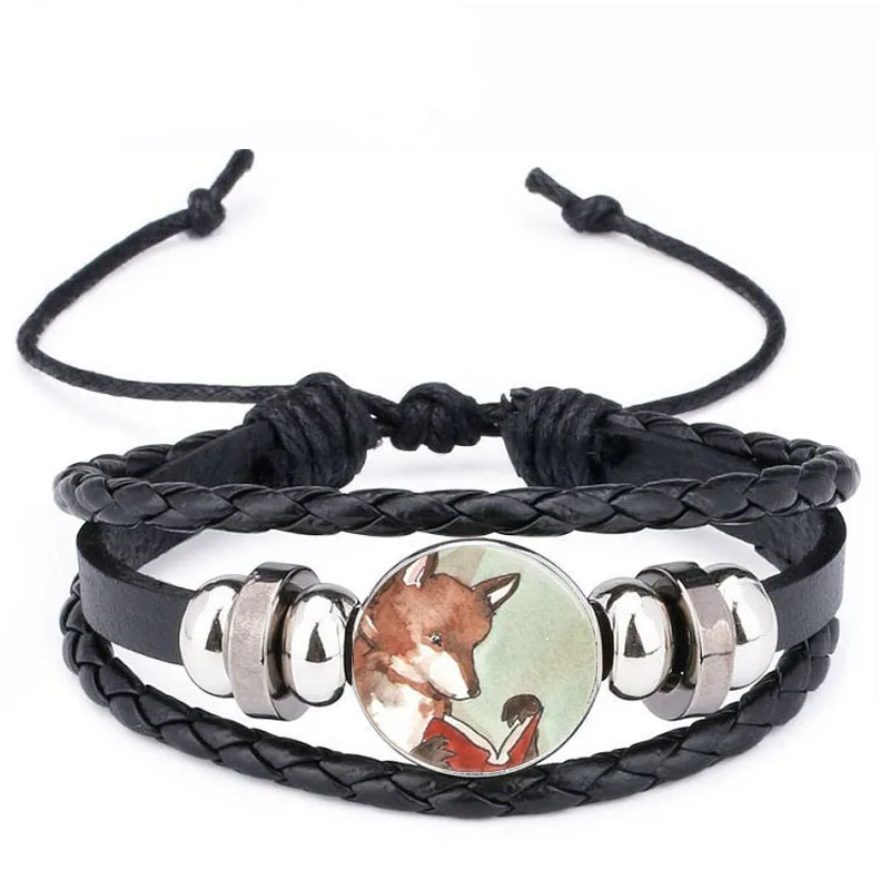 Qiyufang Vintage Bracelets black Color Leather Jewelry for Women Accessories Fox Picture Glass Cabochon Stud Animal bracelets | Украшения и