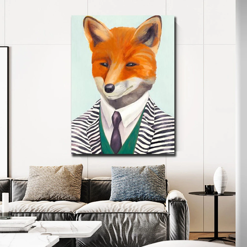 

Modern Style Fox Canvas Painting Wall Art Posters And Prints Funny Animals Get Clothes for Nordic Kids Room Home Decoration