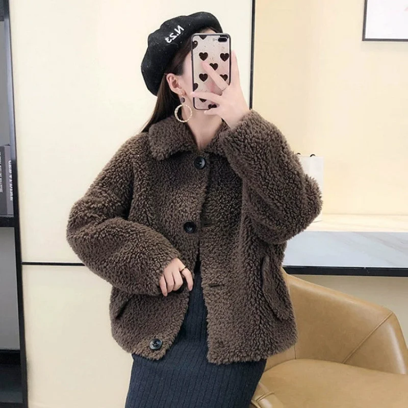 2021 Winter Women Fashion Jacket Lady Real Sheep Shearing Fur Coat Female Knitted Turn-down Collar Thick Warm Outerwear K399