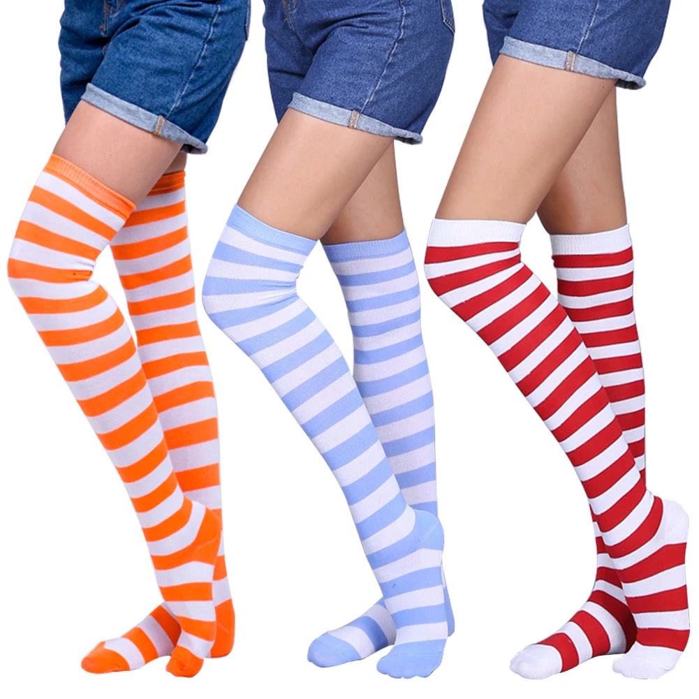 

1Pair New Women Girls Over Knee Long Stripe Printed Thigh High Striped Patterned Socks 20 Colors Sweet Cute Warm Funny Socks