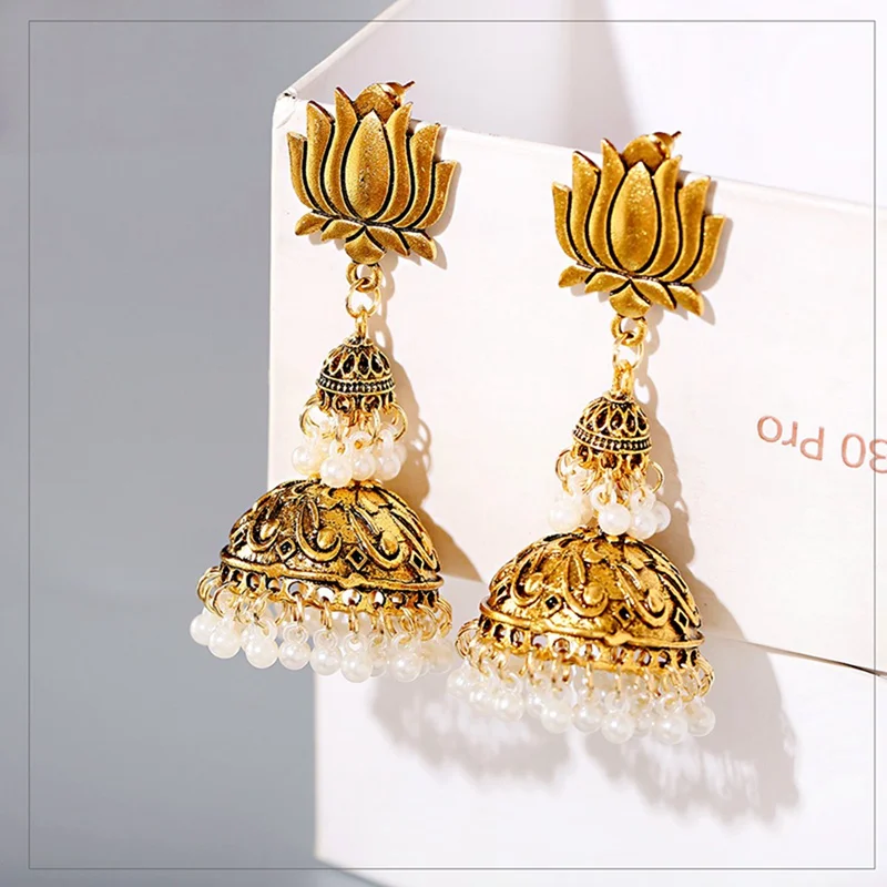 

Retro Bollywood Oxidized Indian Earrings Ethnic Lotus Flower Carved White Beads Tassel Birdcage Dangle Earring For Women Jewelry