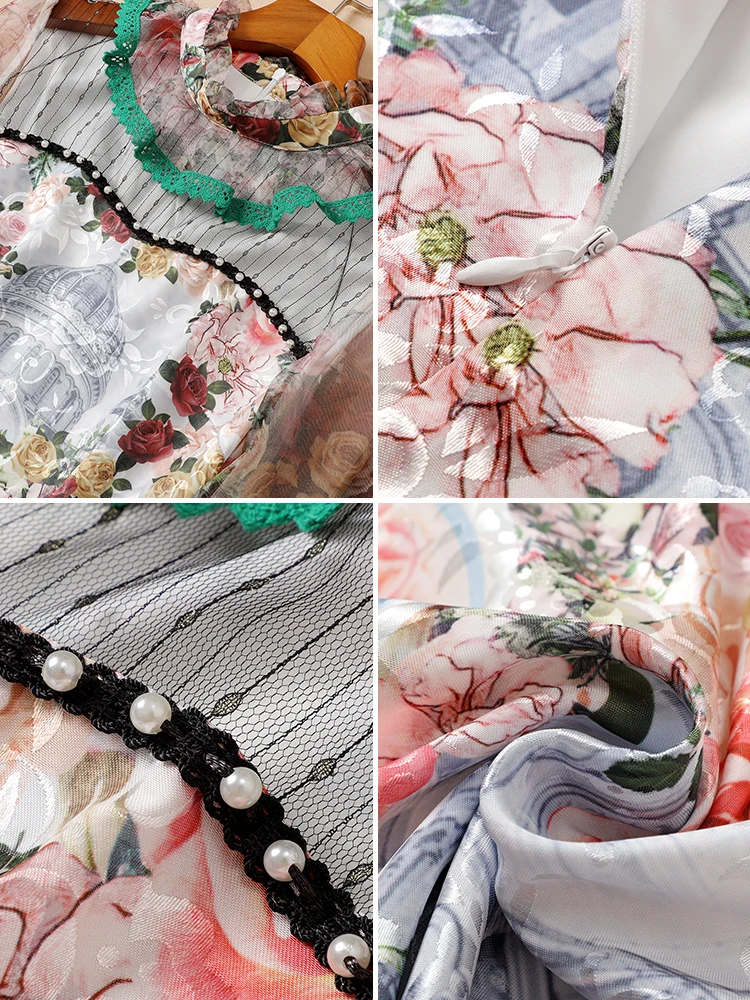 

2021 SPRING ROUND NECK PRINT MESH PUFF SLEEVES DRESS