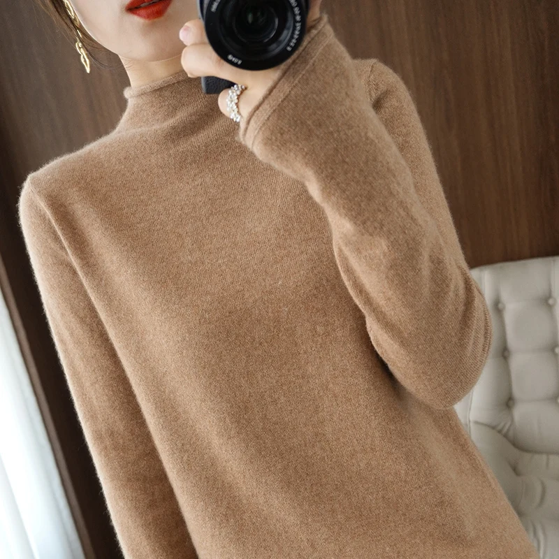 

Lafarvie Knit 100% Wool Sweater Women Tops Half High Collar Long Sleeve Autumn Winter Fashion Slim Female Pullover Solid Color