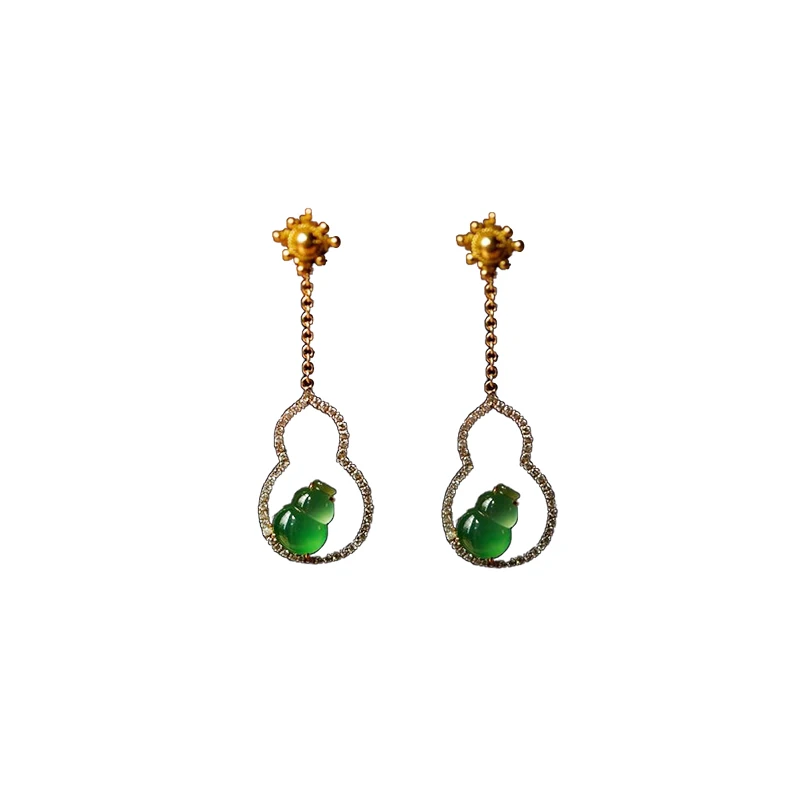 

Yang Green Ping An Fu Chalcedony Gourd Eardrops S925 Sterling Silver Inlaid Diamond Fashion Temperament Ear Studs Earrings