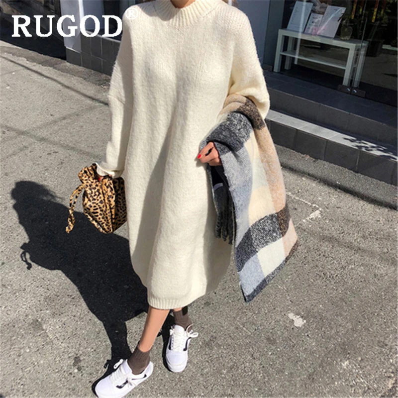 RUGOD элегантное однотонное вязаное длинное платье 2019 осень зима теплое свободное
