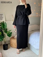 siskakia 2 pieces dress set for women muslim 2021 ramadan eid dubai turkey arabic islamic clothing tops with maxi skirt solid