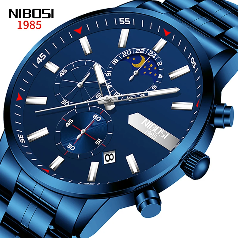 NIBOSI New Multifunction Men Watch Business Waterproof Blue Watches Fashion Stainless Steel Quartz Watch Relogio Masculino 2501