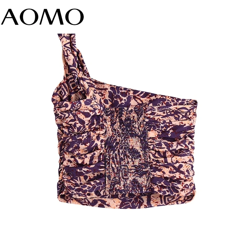 

AOMO Women Flowers Print One Shoulder Off Camis Crop Top Spaghetti Strap Sleeveless Backless Short Blouses Shirts BE116A