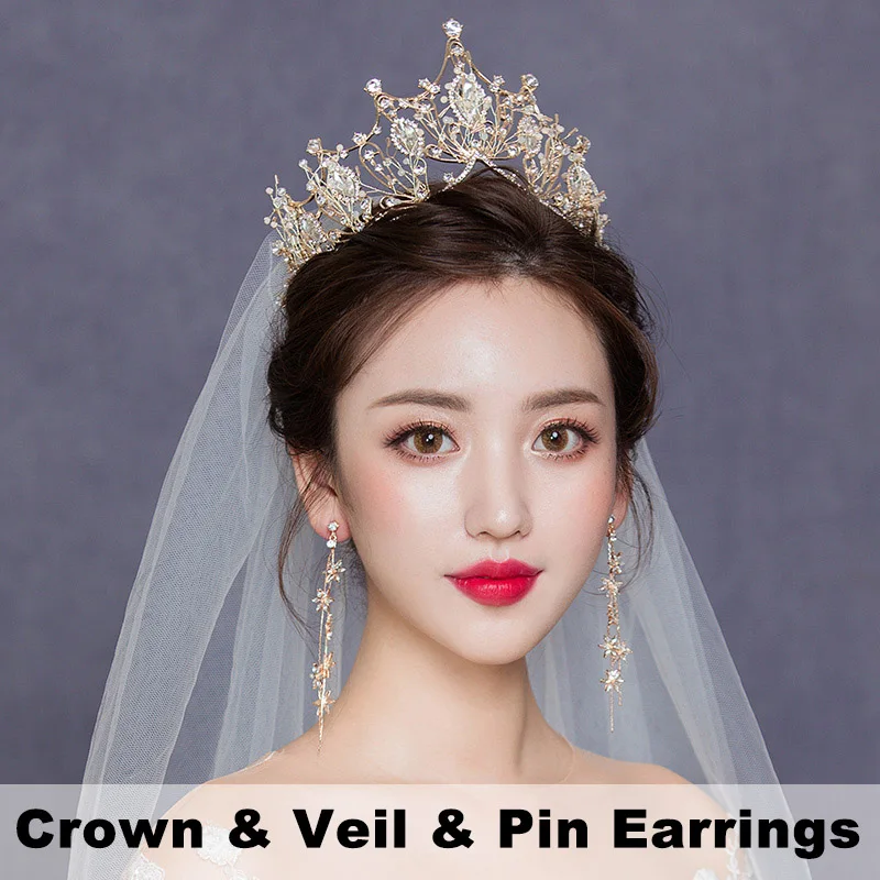 Crown Veil PinEaring Золотая Корона, тиара, свадебные аксессуары для волос, украшение для невесты, украшение для головы, корона принцессы, корона для девочек, Рождественская Тиара для девушки - Окраска металла: Crown Veil PinEaring