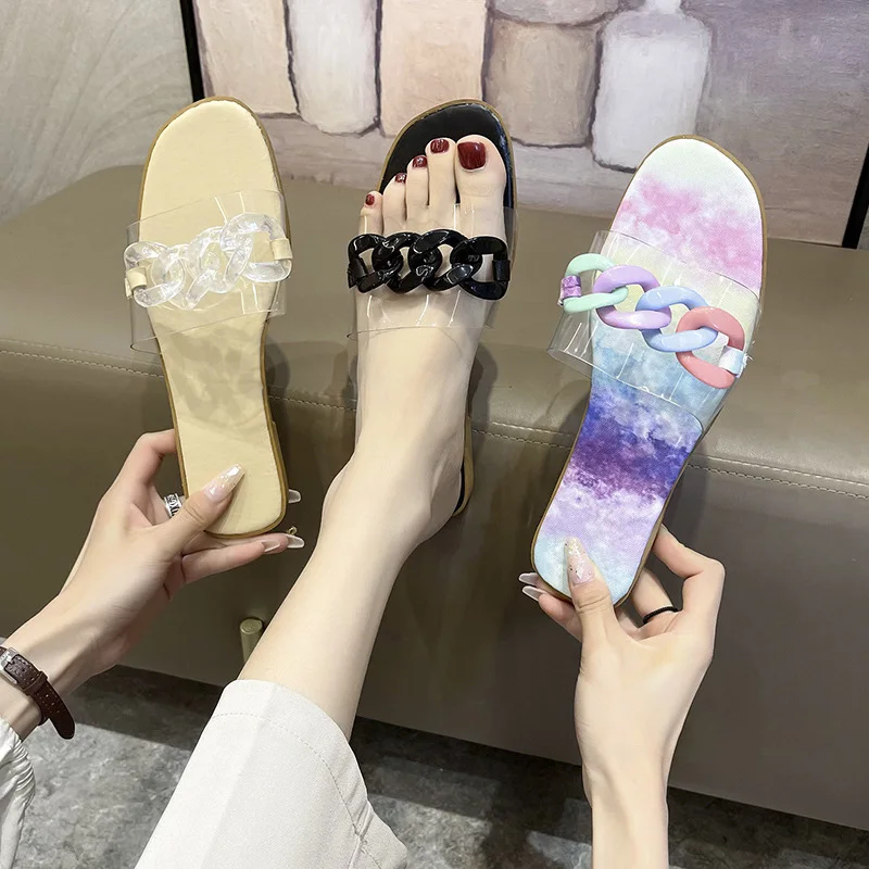 

2021 Summer New Lady Sandals Color Metal Chain Flat Bottom Beach Casual Slides