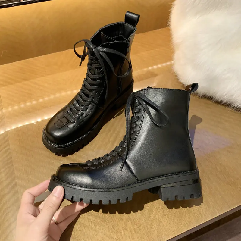 

High Quality Women Martin Boots Lace Up Thick Bottom Casual Ankle Boots Shoes Leather Chelsea Martins Boot Martens Botas Mujer