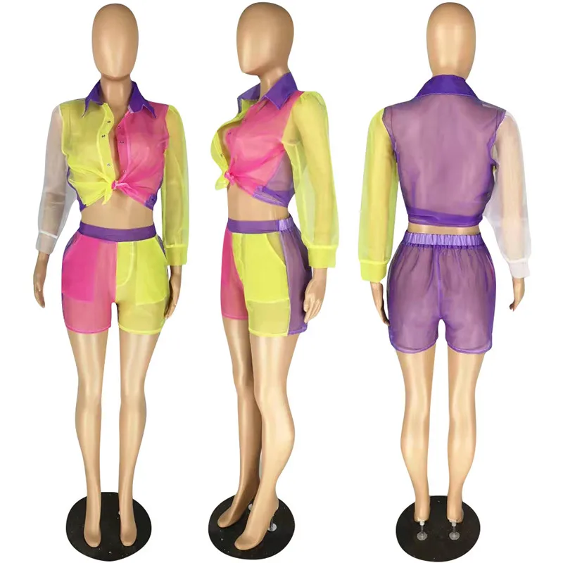 

Sexy Women Two Pieces Mesh See Through Suit Long Sleeve Buttons V-neck Shirt Blouse Crop Tops High Waist Shorts Patchwork Beach