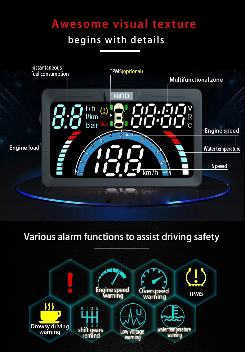 Универсальный Hud автомобильный проектор скорости Obd2 вождения компьютера Встроенный датчик Tpms A200 экран лобового стекла