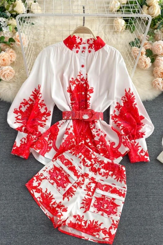 

Spring Suit Women's Shirt and Pants Elegant Retro Printed Fashionable Puff Sleeve Blouse Top Shorts for Girls Casual