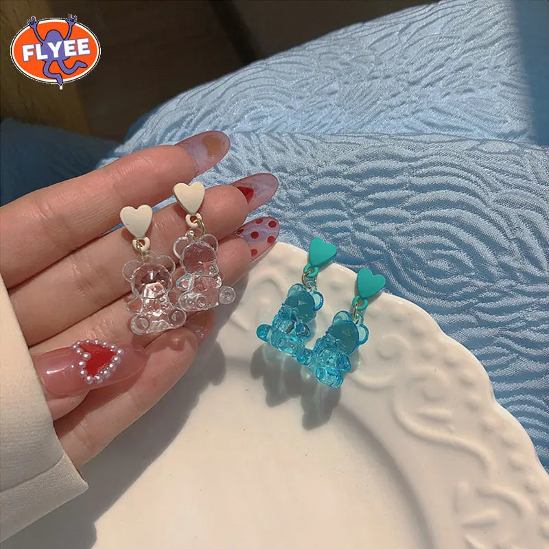 

925 Sterling Silver Plated Crystal Bear Cartoon Earrings Women Pink Black Kawaii Korean Sweet Cute Student Jewelry Fashion