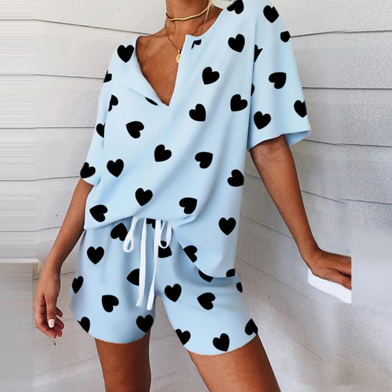

Women Short Sleeve Avocado Flamingo Print V-neck Tracksuit Short Sleeve Drawstring Pajamas Set Casual Two Piece Set