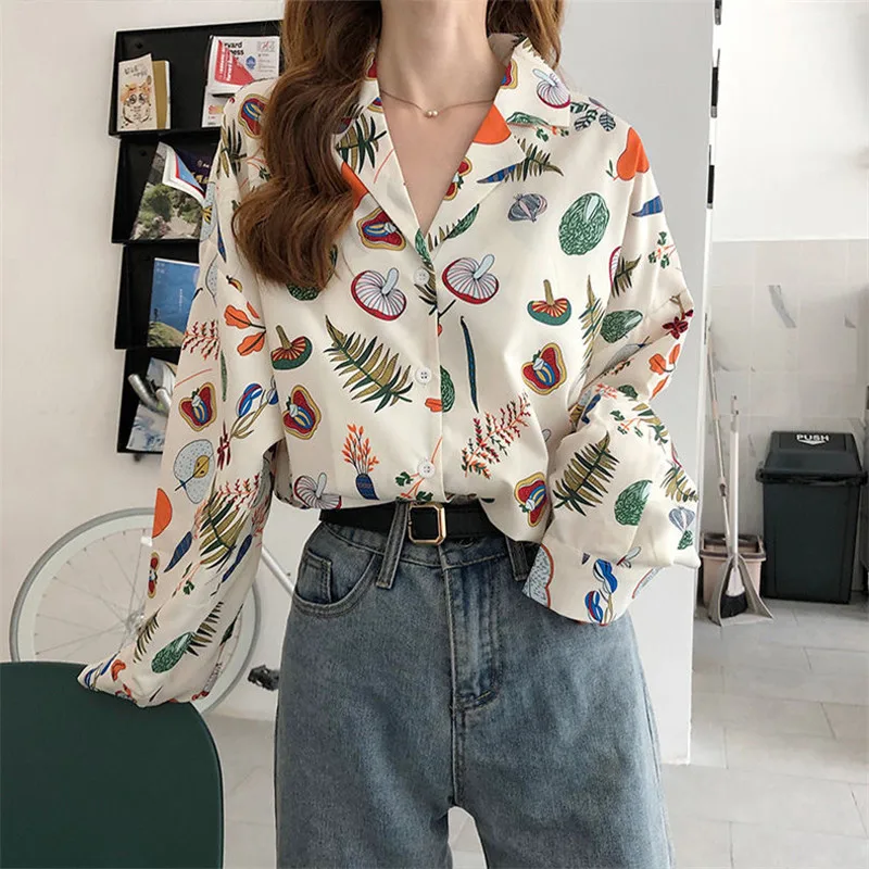 

Spring Autumn Women Blouse Vintage Print Fashion Loose Long Sleeve Women's Harajuku Chiffon Shirts Tops Female Clothing