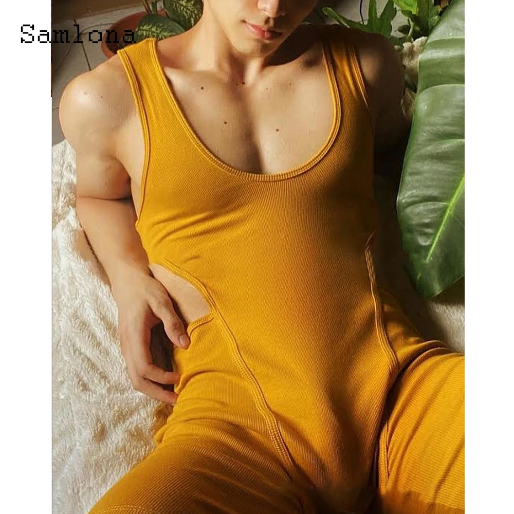 

Samlona Plus Size Men Tank Top Sleeveless Knitted Shirt Yellow Fashion Skinny Vest Clothing 2021 Summer Casual Tees Shirts