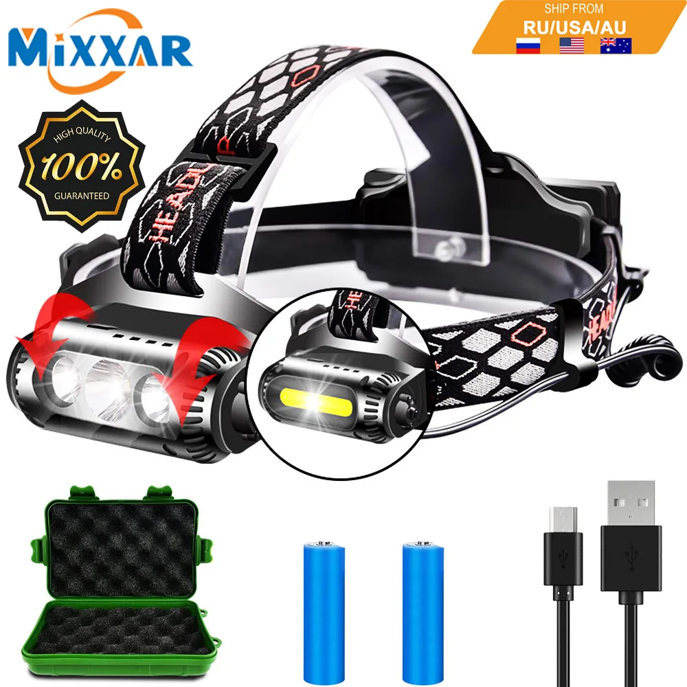 

EZK20 Dropshipping T6 XPE LED Headlamp 2 Sides Rotating 3 Light Source 8 Modes Multi-Function USB COB Headlight