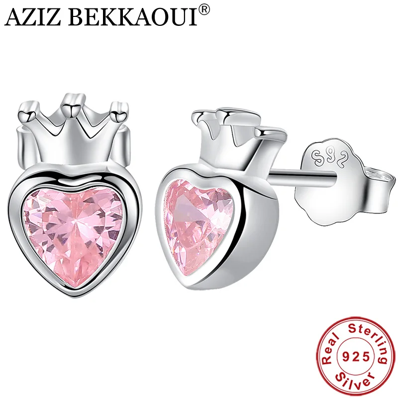 Серьги-гвоздики AZIZ BEKKAOUI, 925 пробы, серебряное, розовое сердце, для женщин, Серебряная корона, серьги для девочек, Помолвочные ювелирные изделия