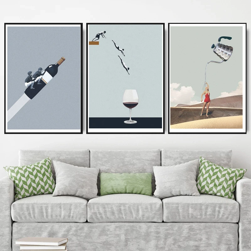 Забавные мультяшные постеры винный бокал абстрактная девушка с птицей Картина