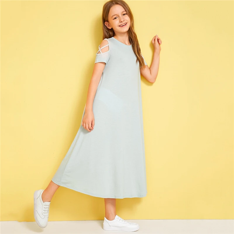 SHEIN/однотонное Повседневное платье с открытыми плечами и перекрещивающимися крест-накрест для детей; коллекция года; летние эластичные детские футболки с короткими рукавами