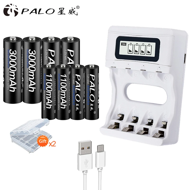 

PALO 3000mAh 1.2V AA Rechargeable Batteries+1100mAh 1.2V AAA Battery NI-MH 2A 3A Rechargeable Battery for Camera Toy Alarm Clock