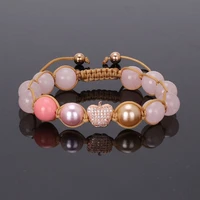 new fashion women jewelry bracelet natural stone pearl beads cz pave pall charm beaded braided adjustable bracelet for women