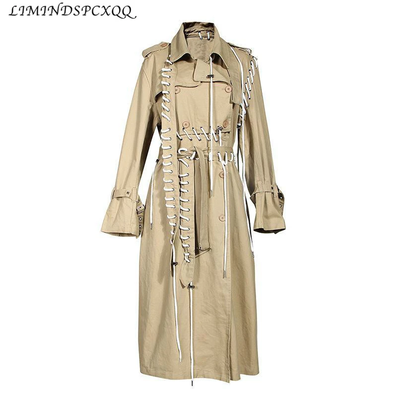 Женский Длинный Тренч на завязках асимметричное длинное пальто цвета хаки в