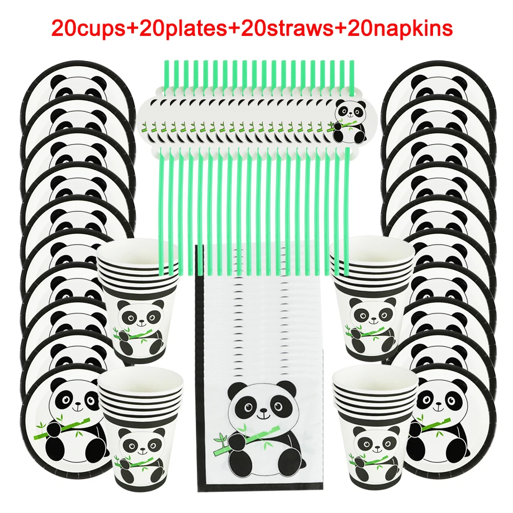 

80Pcs Cartoon Panda Theme Kid Favor Birthday Party Paper Disposable Cup+Plate+Napkin+Straw Decoration Party Supplies