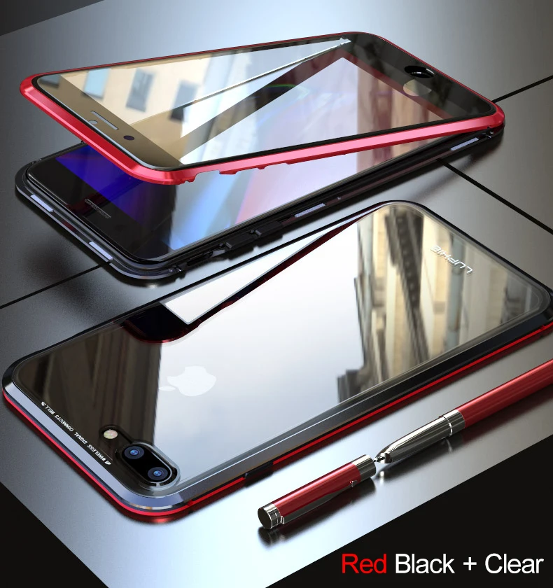 Black Red Магнитный чехол Tongdytech для Iphone 11 Pro XS MAX X 7 8 Plus, металлический чехол для телефона, двусторонний чехол из закаленного стекла 360, чехол s - Цвет: Black Red