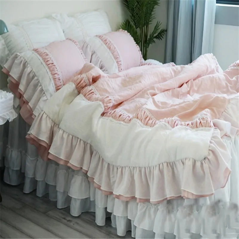 

Korea custom princess style pink white double-layered ruffles pure cotton bed skirt full queen king bedding set YW