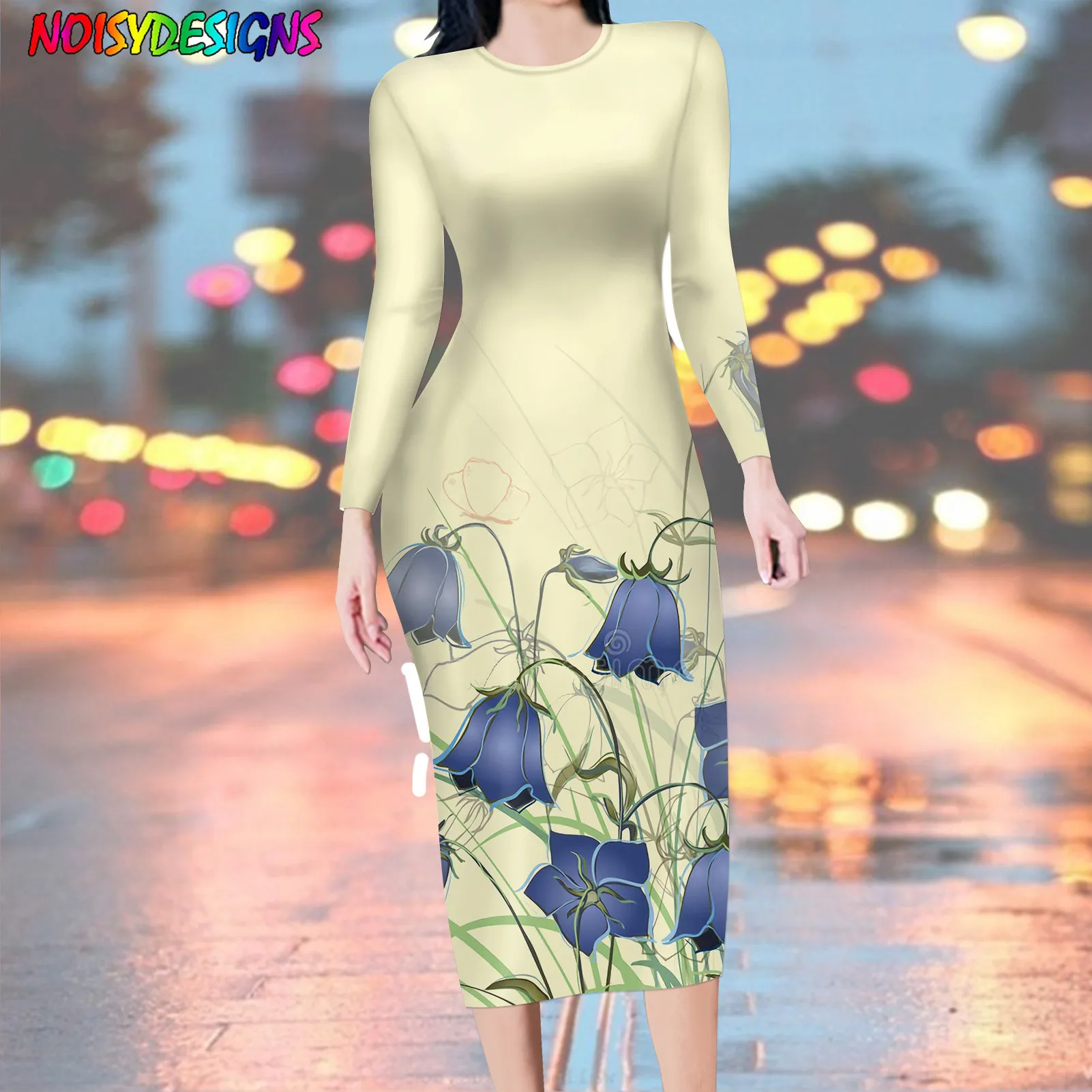 

NOISYDESIGNS Elegant Women Bluebell Flower Print Party Dresses Spring Office Ladies Dresses Female Casual Long Sleeve Dress 2021