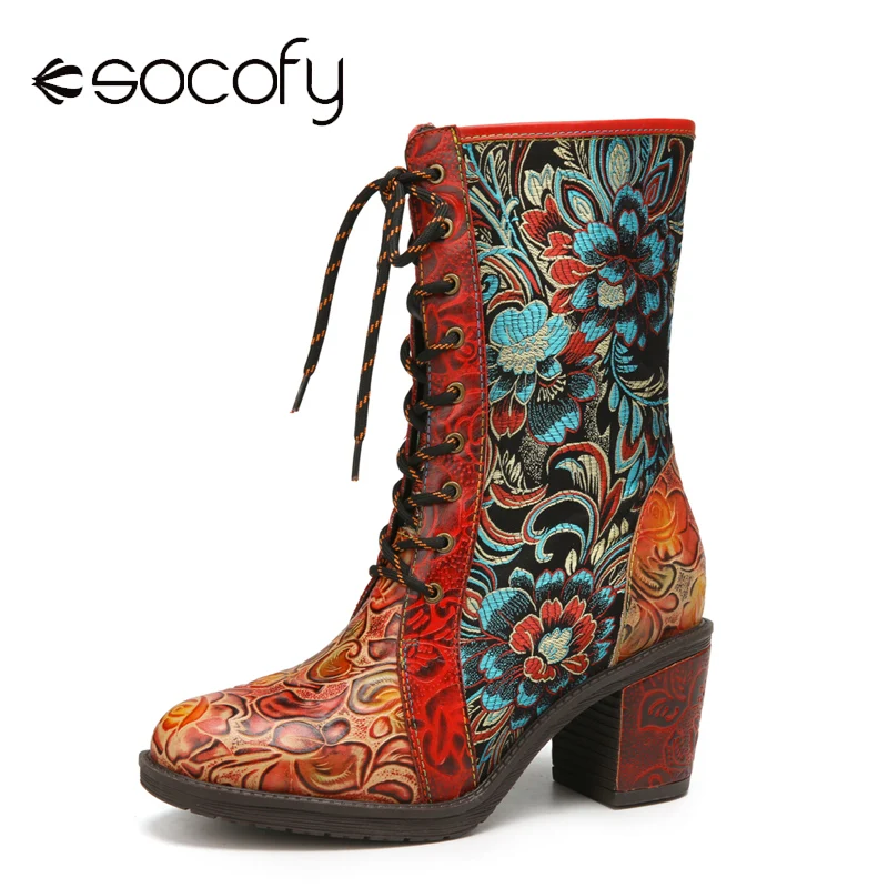 SOCOFY/ботинки из тисненой натуральной кожи с цветочной вышивкой Теплая подкладка