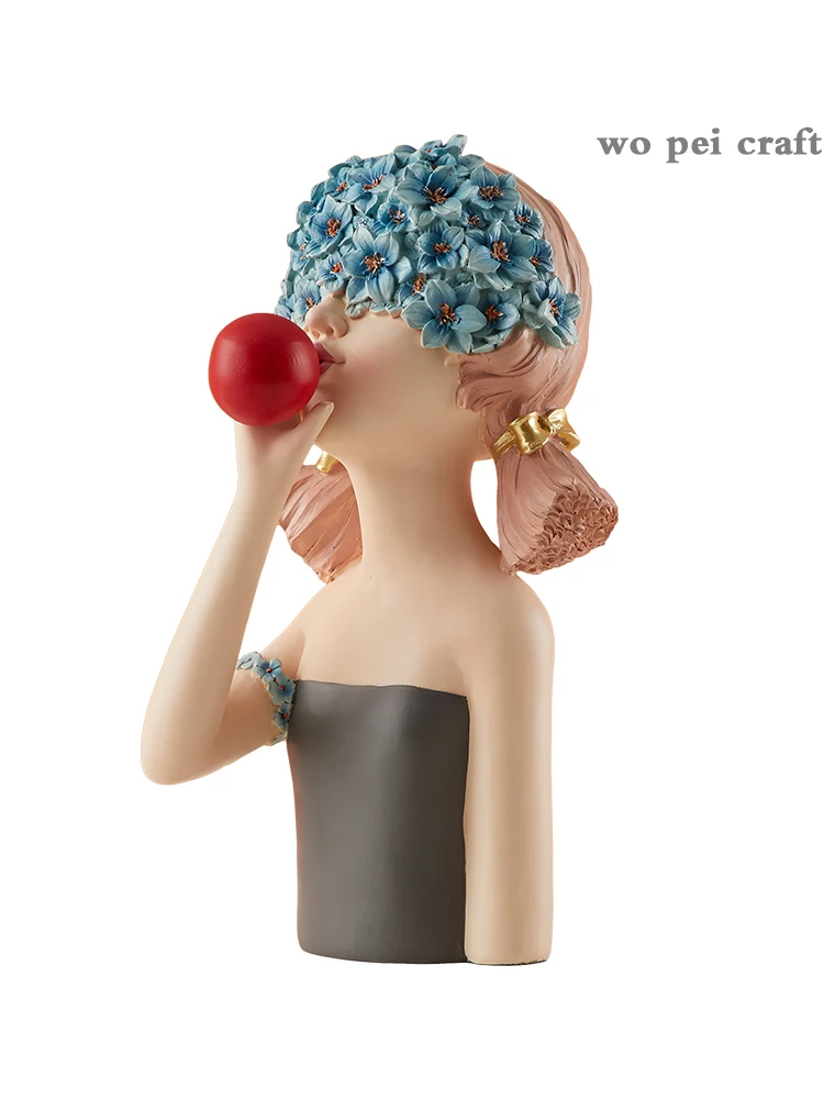 

Blindfolded Figure Statue Resin Portraits Wreath Girl Ornaments Modern Girly Room Decoration Sculpture Blowing Bubbles Figurines