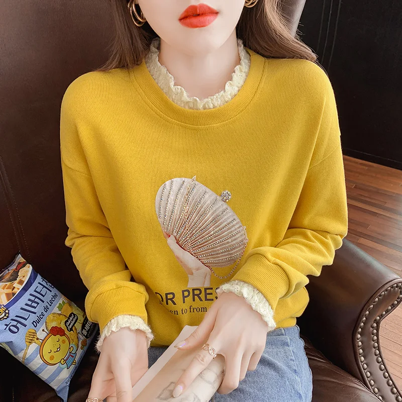 Autumn Bag Rhinestone Long Sleeve Sweatshirt Letter Fake Two Pieces Lace Neck Loose Pullover Tops Baseball Uniform