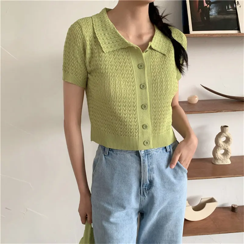 

HziriP Streetwear Lapel Hollow Out Short Sleeves Knitted Casual Elastic Chic Basic All-Match Solid Fashion Short Sweaters