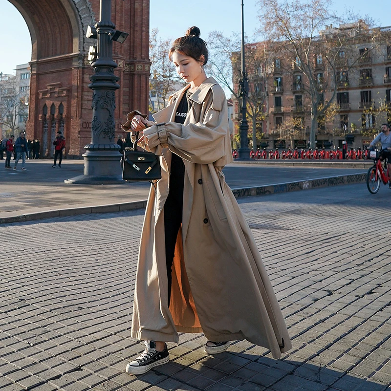 

Thin coat Loose Oversized Long Women Trench Coat Double-Breasted Belted Lady Cloak Windbreaker Spring Fall Outerwear Jacket XL