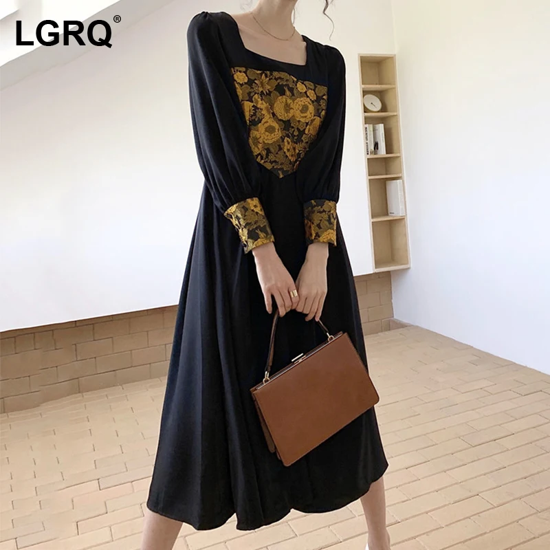 

[LGRQ] Vintage Printed Lace Sheath Elegant Women's Dress New Square Neck Long Sleeve Fit Fashion Tide Spring Autumn 2021 19D4656