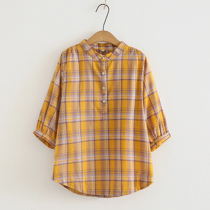 

Large Size Shirts 2020 Autumn Spring and Summer New Loose Three-Quarter Sleeve Plaid Flat Shoulder Shirt Plus Size Blouses Tops